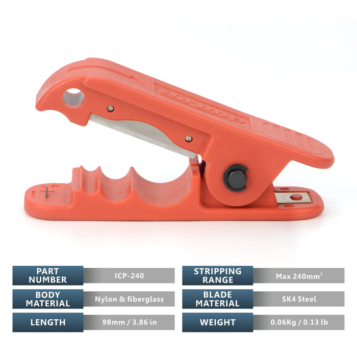ICP-240 Cable Stripper for AWG 12 to 4/0 Round Cables, Radial Wire Stripper with 2 Extra Blades