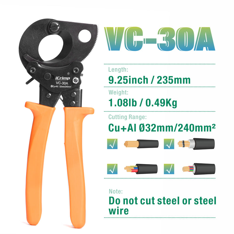 VC-30A Copper&Aluminum Cable Cutter Up To 240mm²/dia 32mm Wire Stripper & Cable Cutter iCrimp