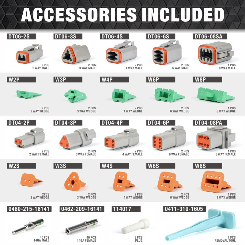 KIT-125 DT Connector Kit 125pcs include 2 3 4 6 8 Housings and Pin & Socket Sealed Terminals, for 20-14 Gauge Wire Terminal Kits IWISS