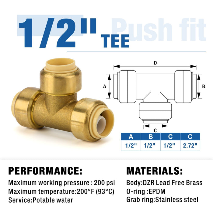 1/2 in. Push-to-Connect Plumbing Fittings, PushFit Tee, Brass Fittings for Copper, PEX, CPVC-5pcs