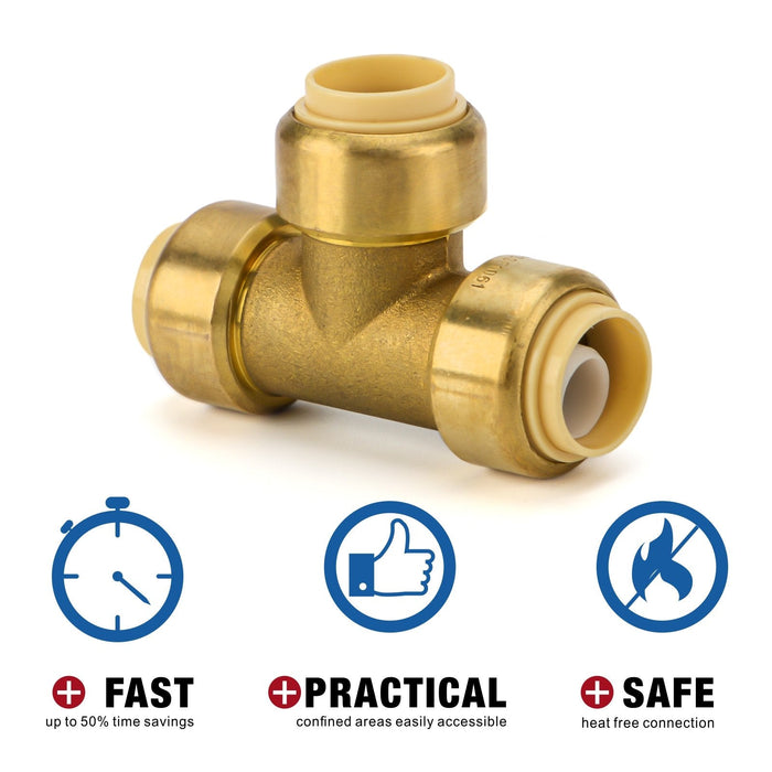 1/2 in. Push-to-Connect Plumbing Fittings, PushFit Tee, Brass Fittings for Copper, PEX, CPVC-5pcs