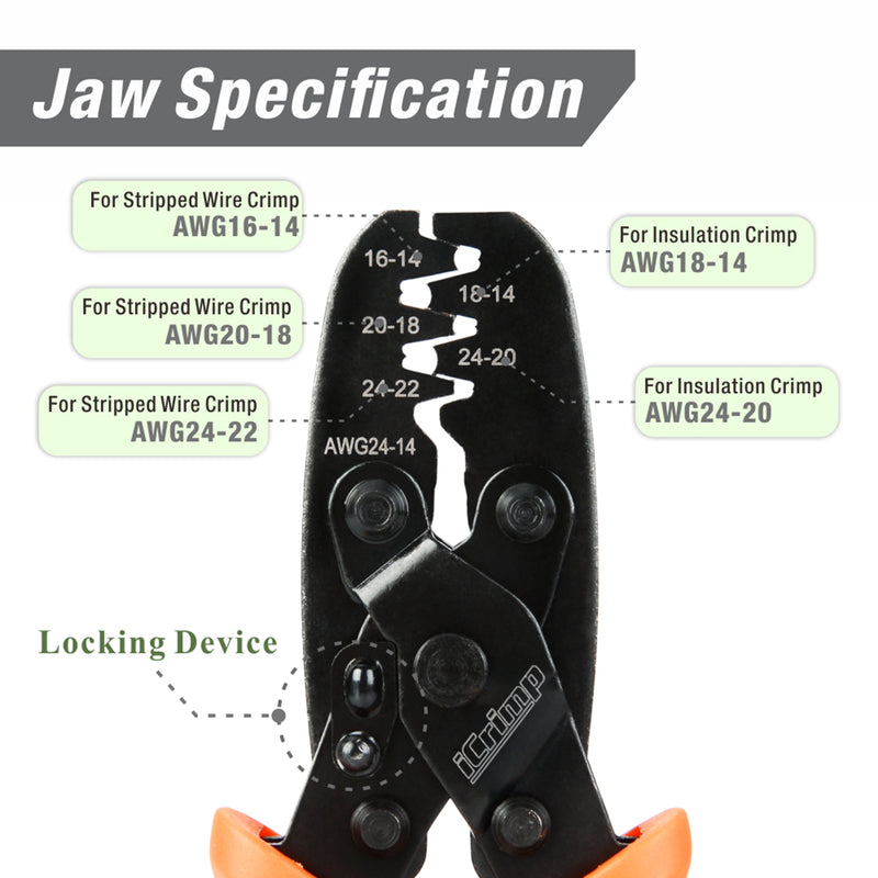 IWS-1424A Non Insulated Open Barrel Terminal Crimp Tool - Wire Crimper for Molex, Delphi, AMP/Tyco, Harley, PC/Computer, Automotive 24-14 AWG Hand Crimping Pliers iCrimp