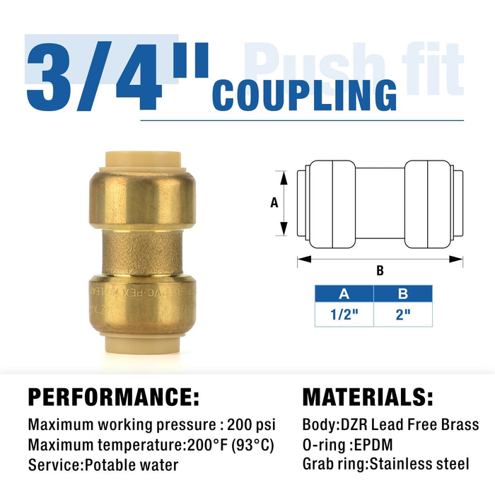 3/4 in. Push-to-Connect Plumbing Fittings, PushFit Straight Coupling, 90-Degree Elbow Brass Fittings- 5pcs