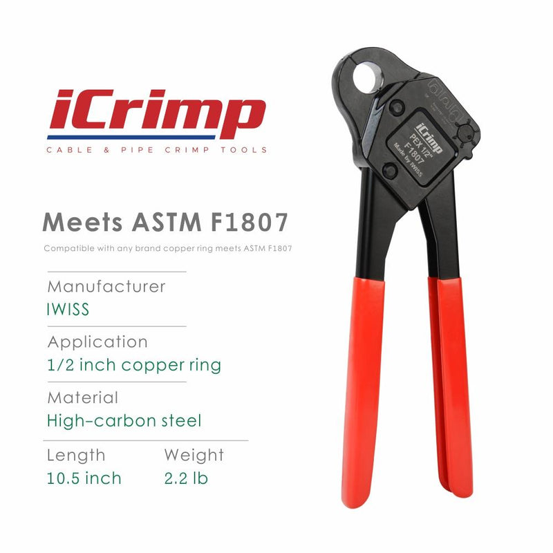 CL 1/2" ASTM F1807 PEX Pipe Crimping Tool, for 1/2-inch Copper Pex Crimps Rings, with Go/No-Go Gauge, Angled Head PEX Pipe Tools iCrimp