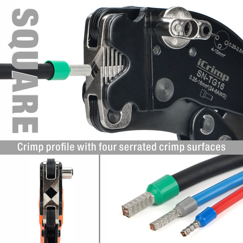 SN-TG16 Square Ratchet Crimper for End Sleeves and Ferrules 0.25-16mm2 AWG 24-6 Hand Crimping Pliers iCrimp