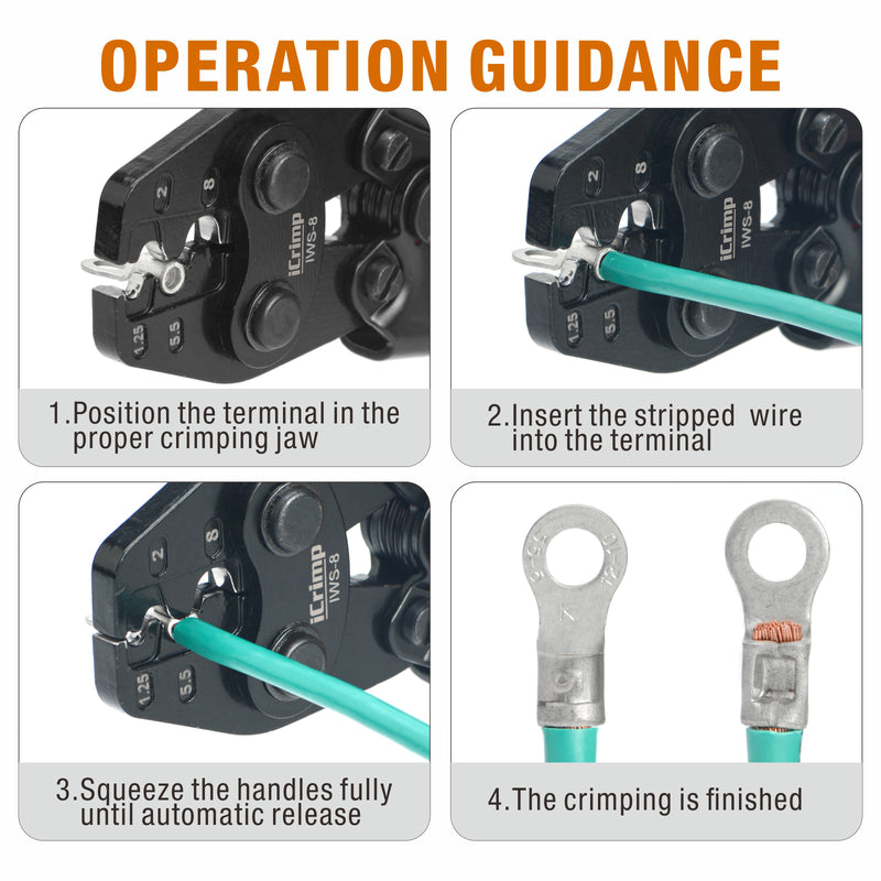 IWS-8 Ratchet Crimping Tool for Non-Insulated Terminals from AWG 16-8 Hand Crimping Pliers iCrimp