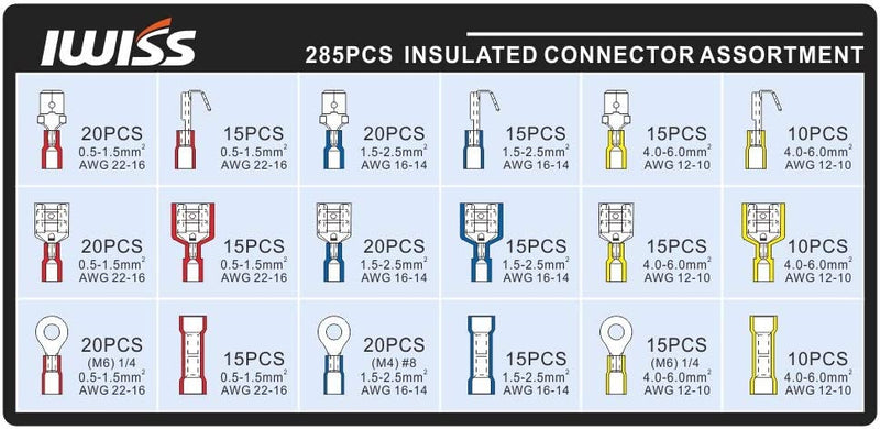 285pcs Insulated Butt, Spades, Rings Connectors from AWG22-10 Wire Terminal Kits IWISS