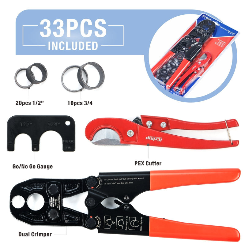 IWS-1234PSK Tool Set ASTM F1807 1/2 and 3/4-inch Dual PEX Crimper w/Copper Rings,PEX Cutter and Gauge PEX Pipe Tools iCrimp