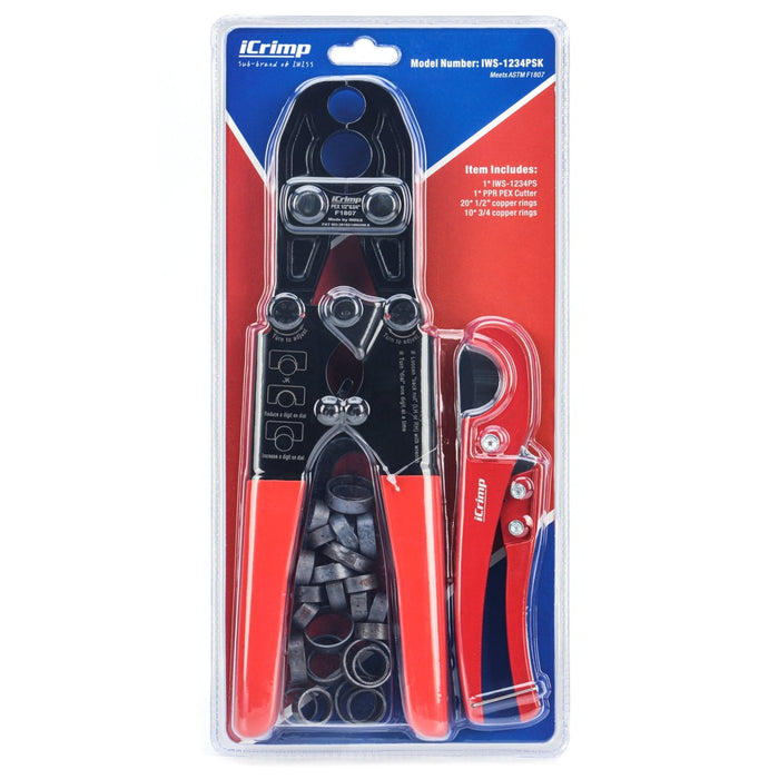 IWS-1234PSK Tool Set ASTM F1807 1/2 and 3/4-inch Dual PEX Crimper w/Copper Rings,PEX Cutter and Gauge