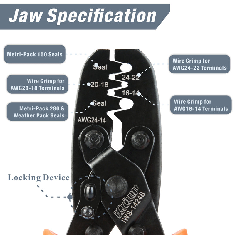 IWS-1424B Weather Pack Terminal Crimper for 0.35-2.0mm² AWG24-14 Hand Crimping Pliers iCrimp