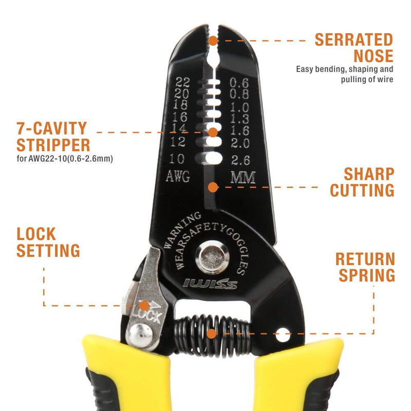 IWS-049 Multi-functional Wire Stripper and Cable Cutter for AWG22-10 Cable Wire, 7.5-inch Wire Stripper & Cable Cutter iCrimp