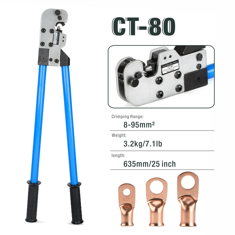 CT-80 Cable Lug Crimping Tool for 8-95mm2 AWG8-3/0 Hand Crimping Pliers iCrimp